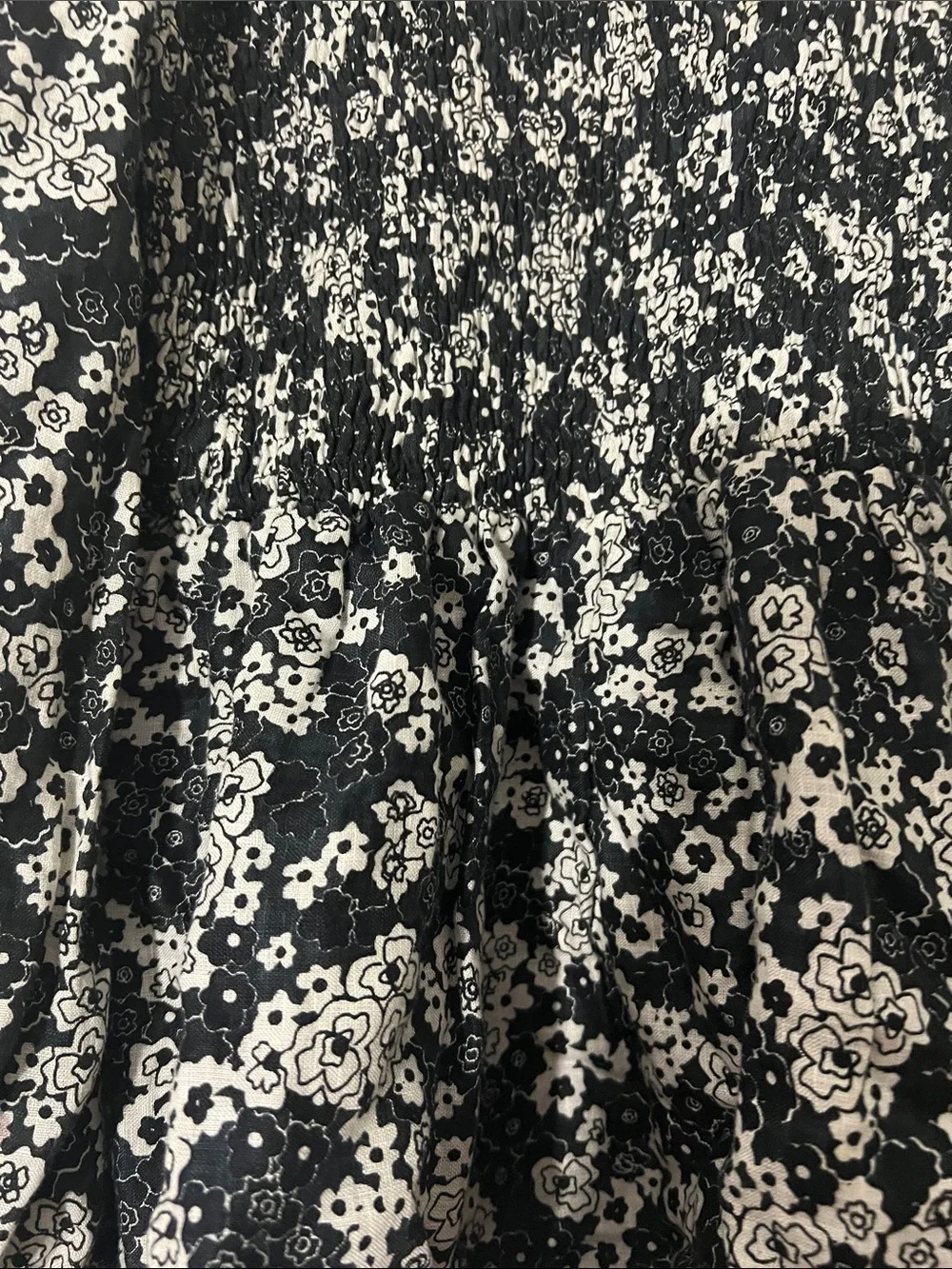 Anthropologie Black and White Smocked Floral Peplum Blouse